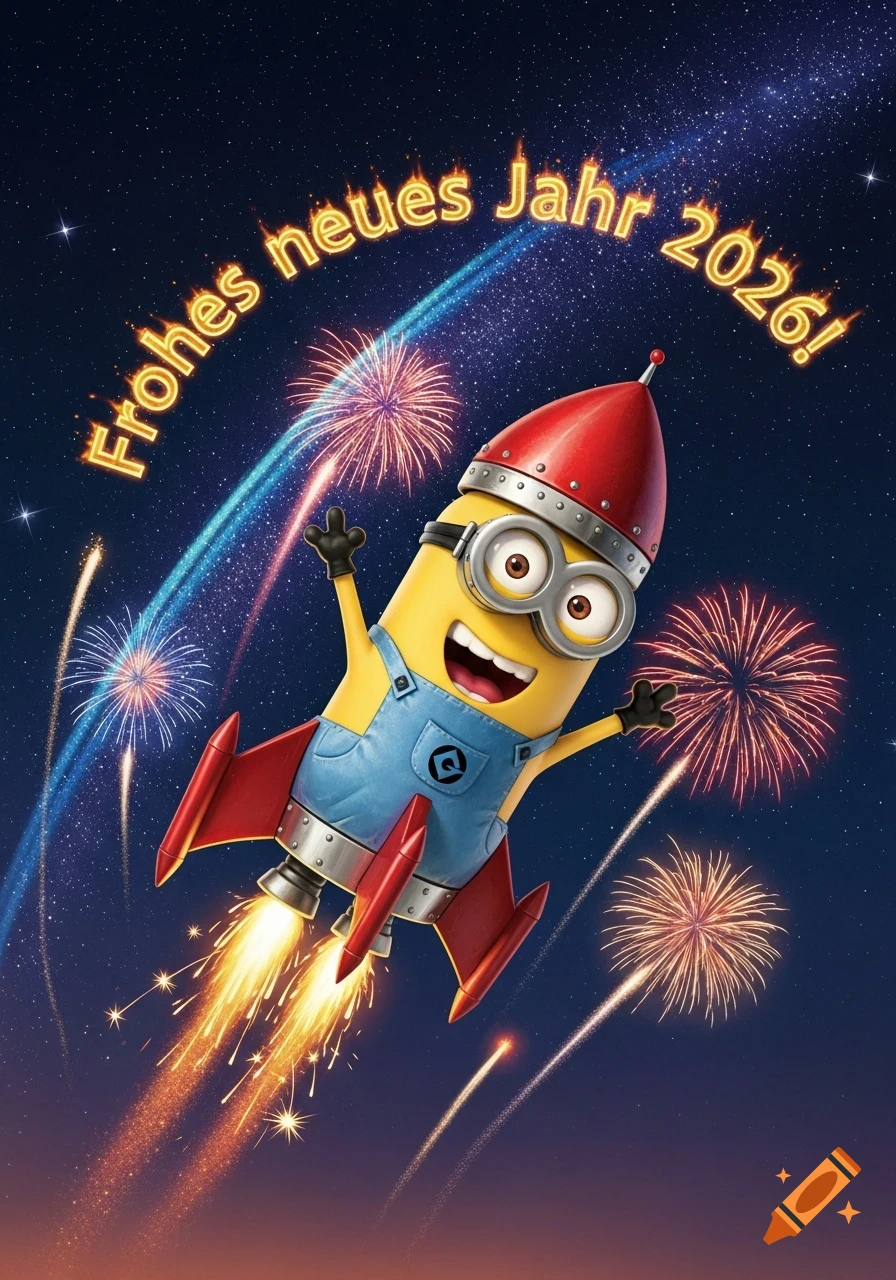 A Minion dressed as a rocket flies through a starry night sky with colorful fireworks, with "Frohes neues Jahr 2026!" text.