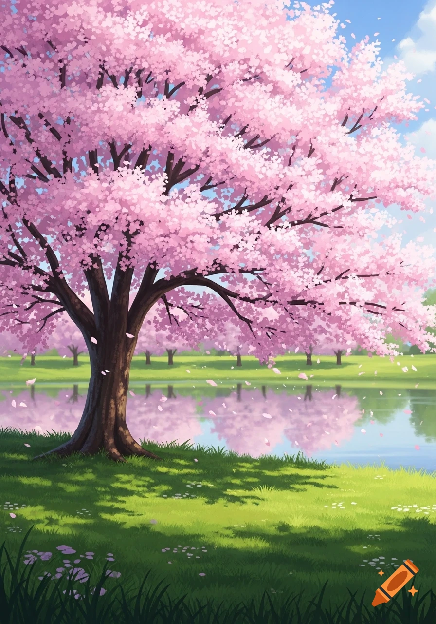 Vibrant anime-style landscape of a large pink cherry blossom tree next to a lake with falling petals, green grass, and blue sky.
