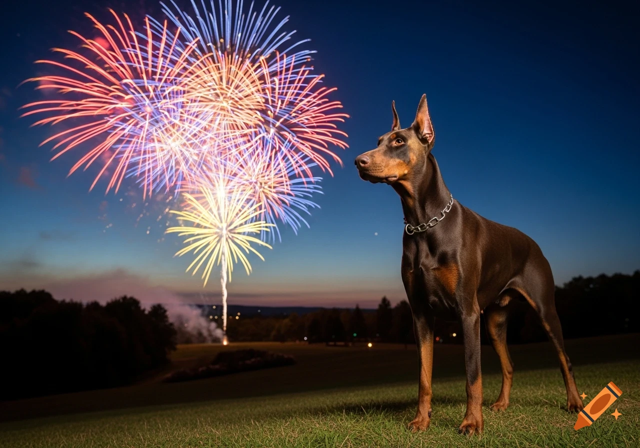 A brown Doberman with cropped ears stands in a grassy field at night, gazing at colorful fireworks exploding in the dark sky.