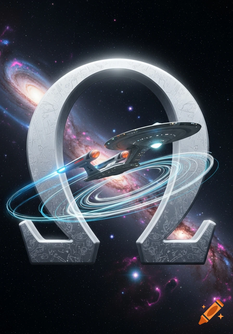 A detailed USS Voyager spaceship flies through a large, glowing silver Omega symbol etched with patterns, set against a backdrop of colorful galaxies and stars in deep space.