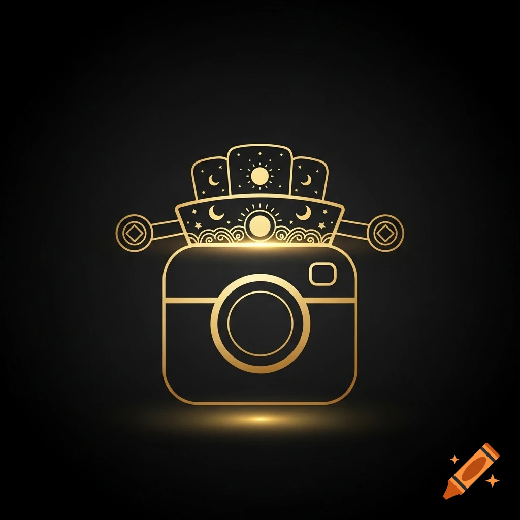 Golden line art logo of an Instagram camera icon wearing a mystical hat adorned with sun, moon, stars, and wave patterns on a black background.