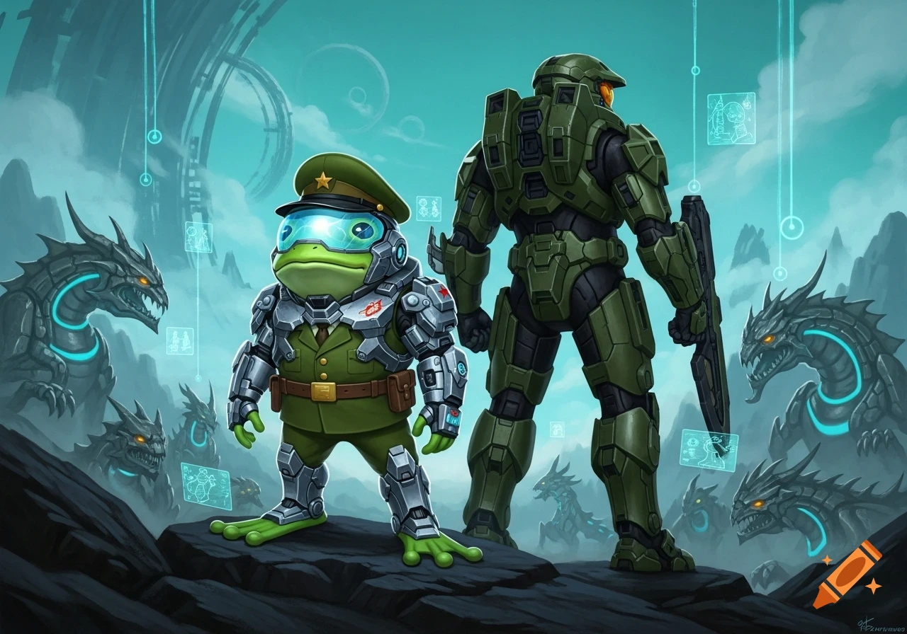 Sergeant Frog in a military mech suit and Master Chief stand on rocks, with glowing dragon-like creatures and futuristic structures, digital art.