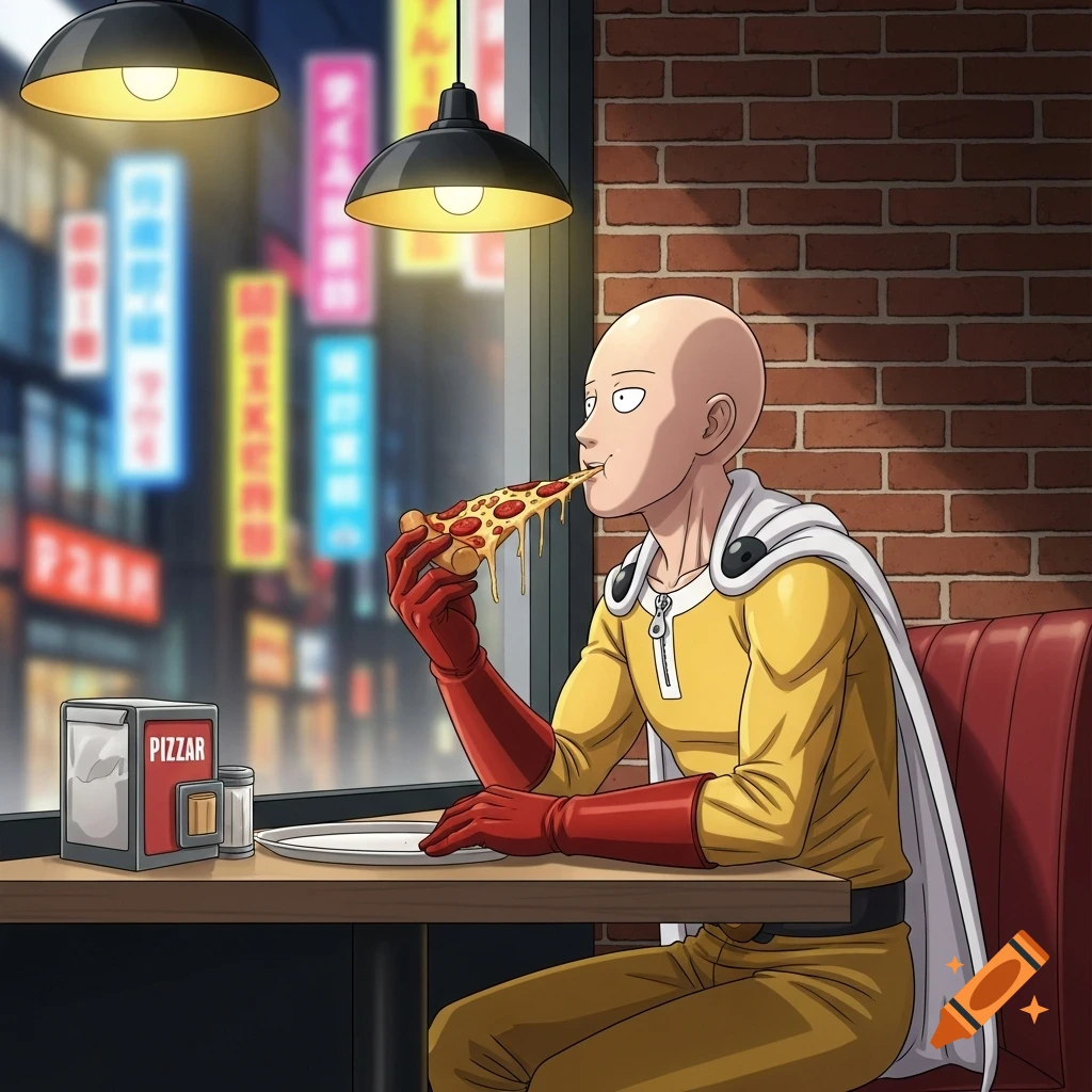 Saitama from One-Punch Man eats a slice of cheesy pizza in a brightly lit restaurant, city lights blurred outside.
