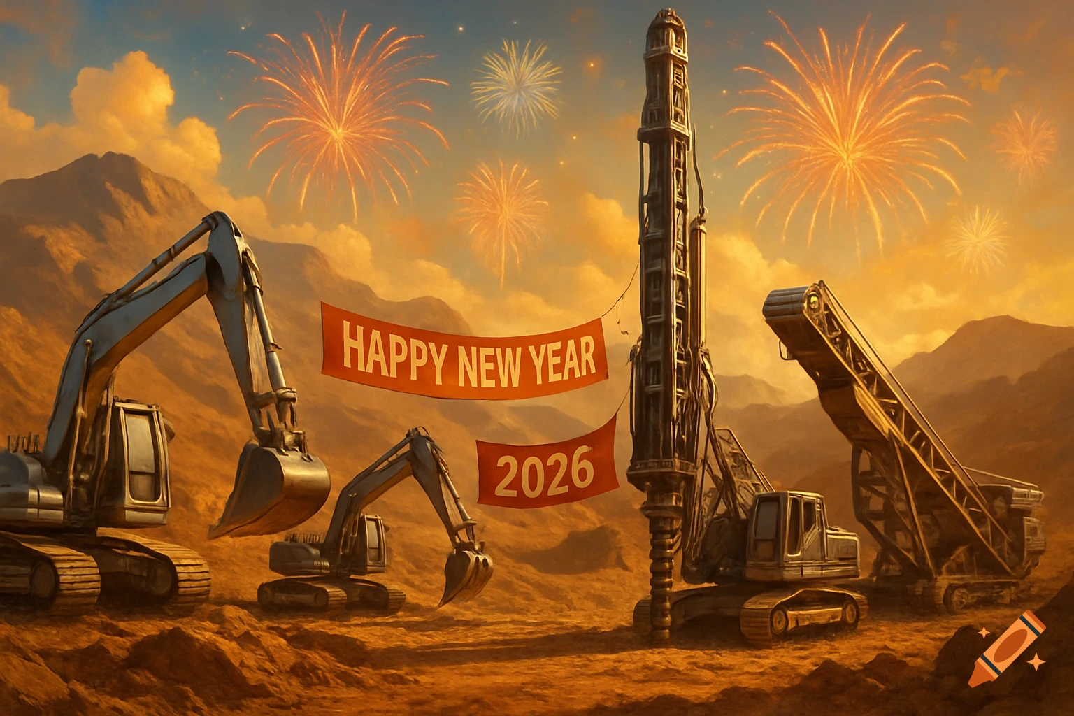 Construction and mining machines in a desert with fireworks and a 'Happy New Year 2026' banner.