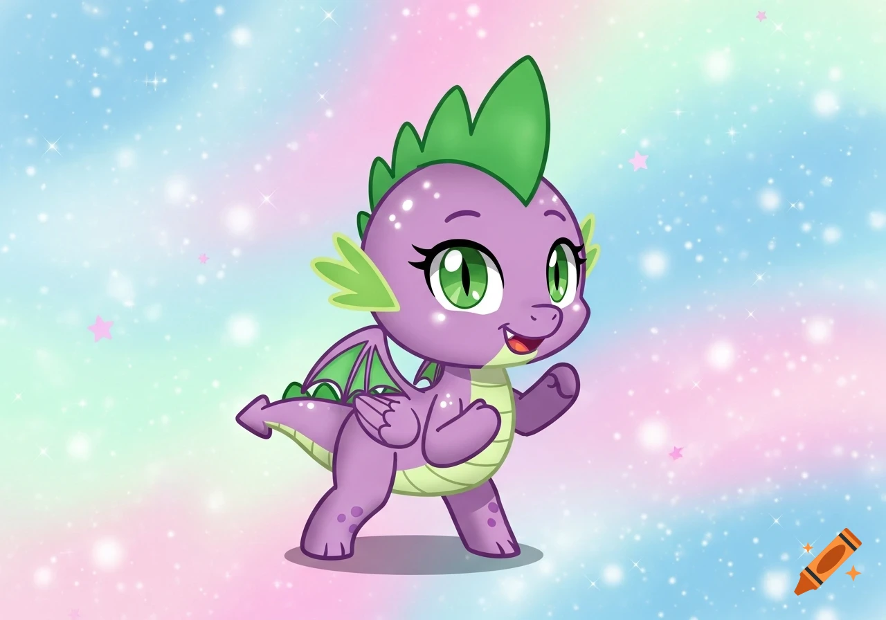 Spike the dragon from My Little Pony in Gacha Life 2 cartoon style, purple with green spikes, on a sparkly pastel background.
