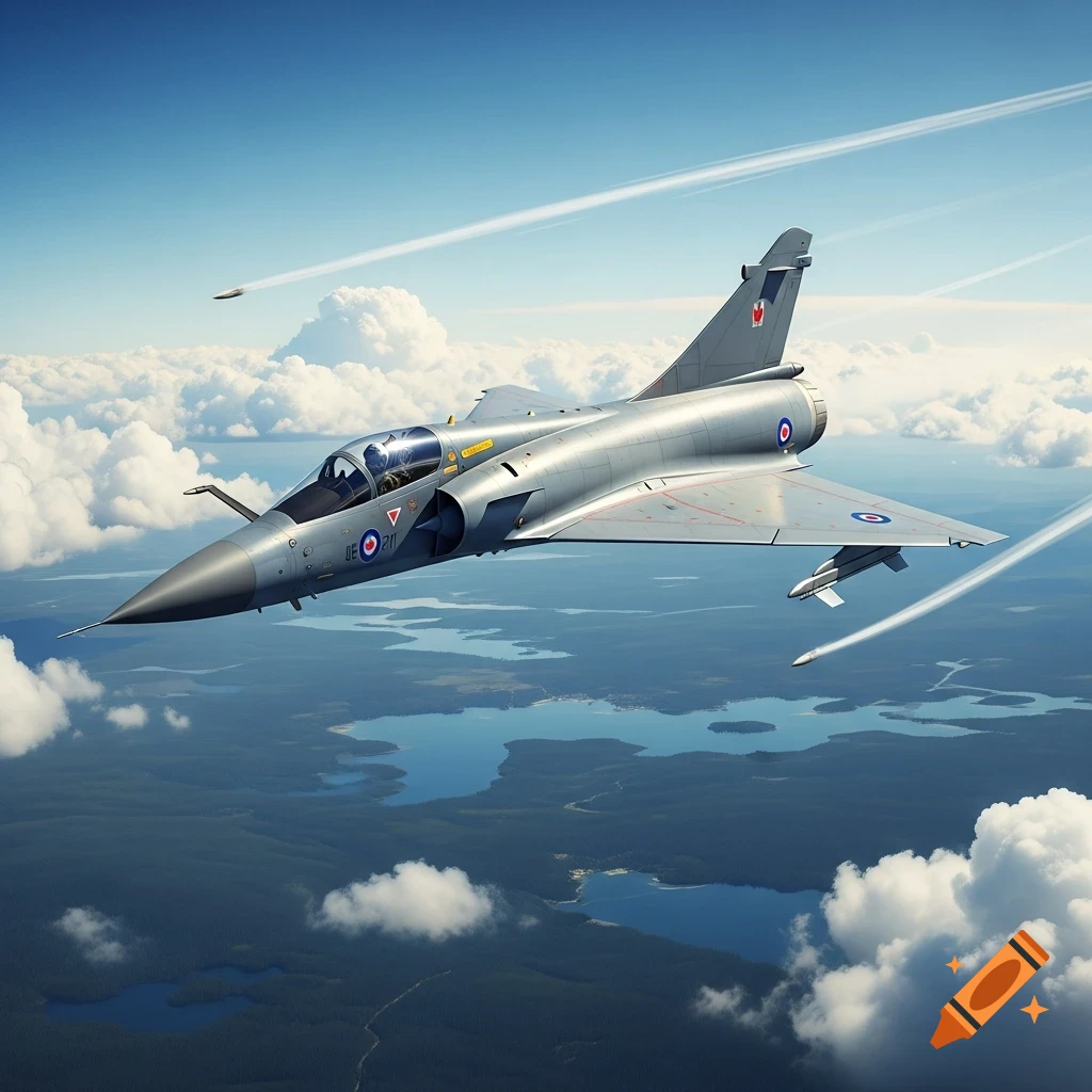 A grey Canadian Air Force Dassault Mirage 2000D fighter jet flies through a clear blue sky above a forested landscape with lakes and scattered clouds, leaving contrails.