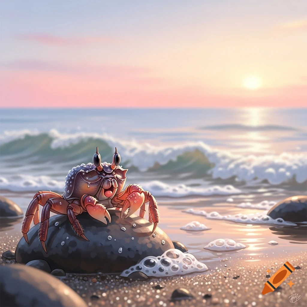 A cute cartoon crab sits on a rock at a beach during sunset, with waves in the background.