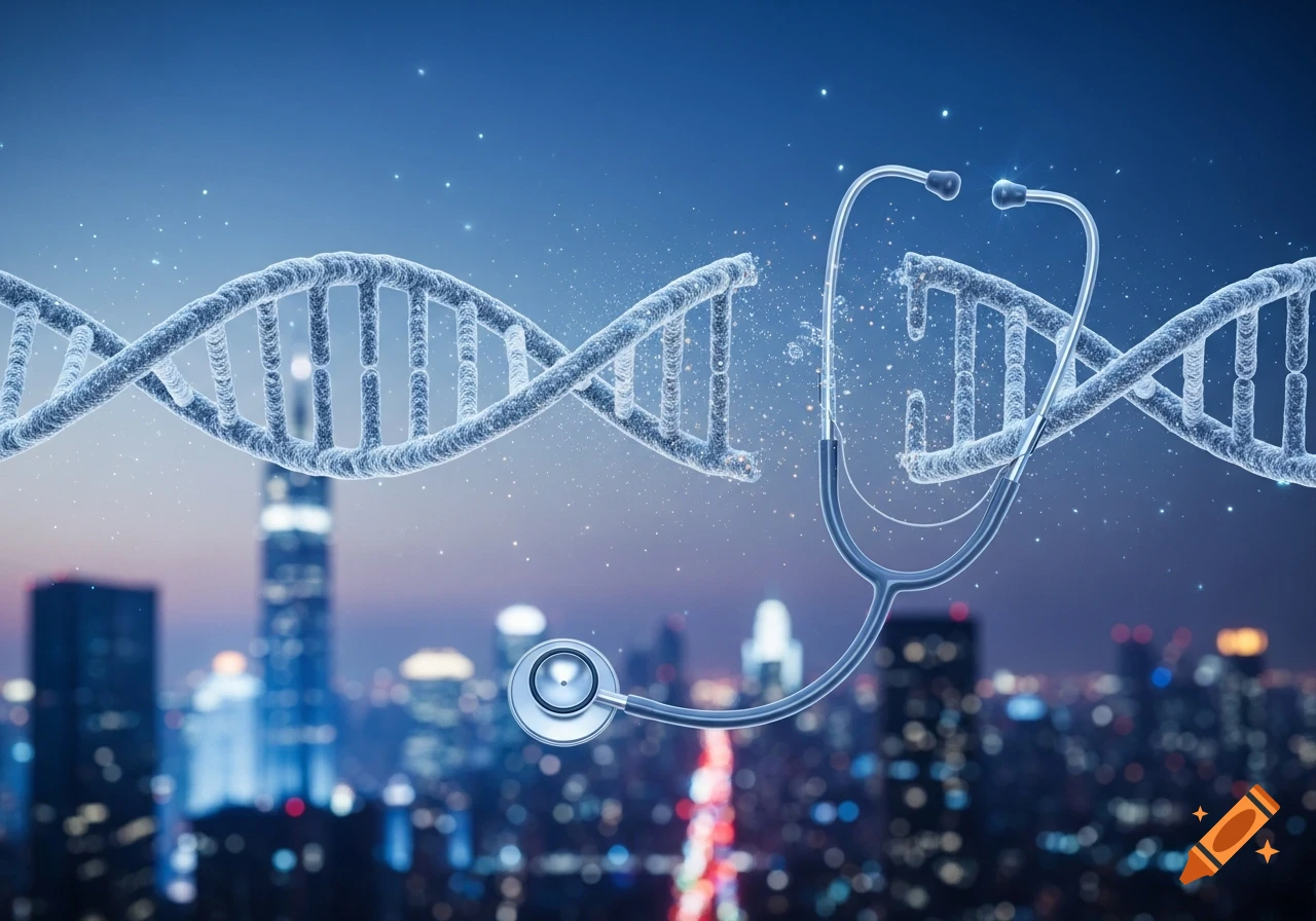 A blue DNA double helix unwinds to form a stethoscope against a blurred night cityscape.