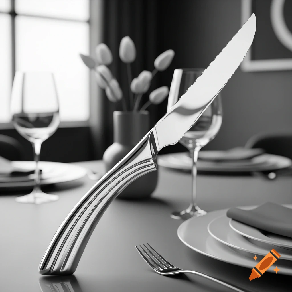 Photorealistic close-up of a modern, shiny dinner knife with a curvy handle on a dining table.