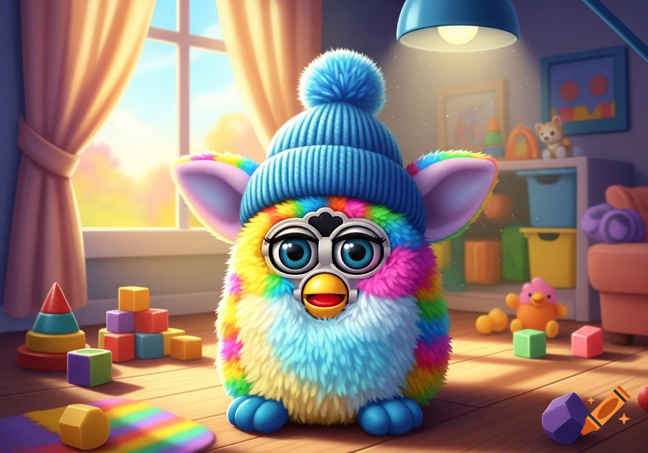 A fluffy, rainbow-colored Furby-like creature in a blue beanie sits on a wooden floor in a child's room with sunlight streaming through a window.