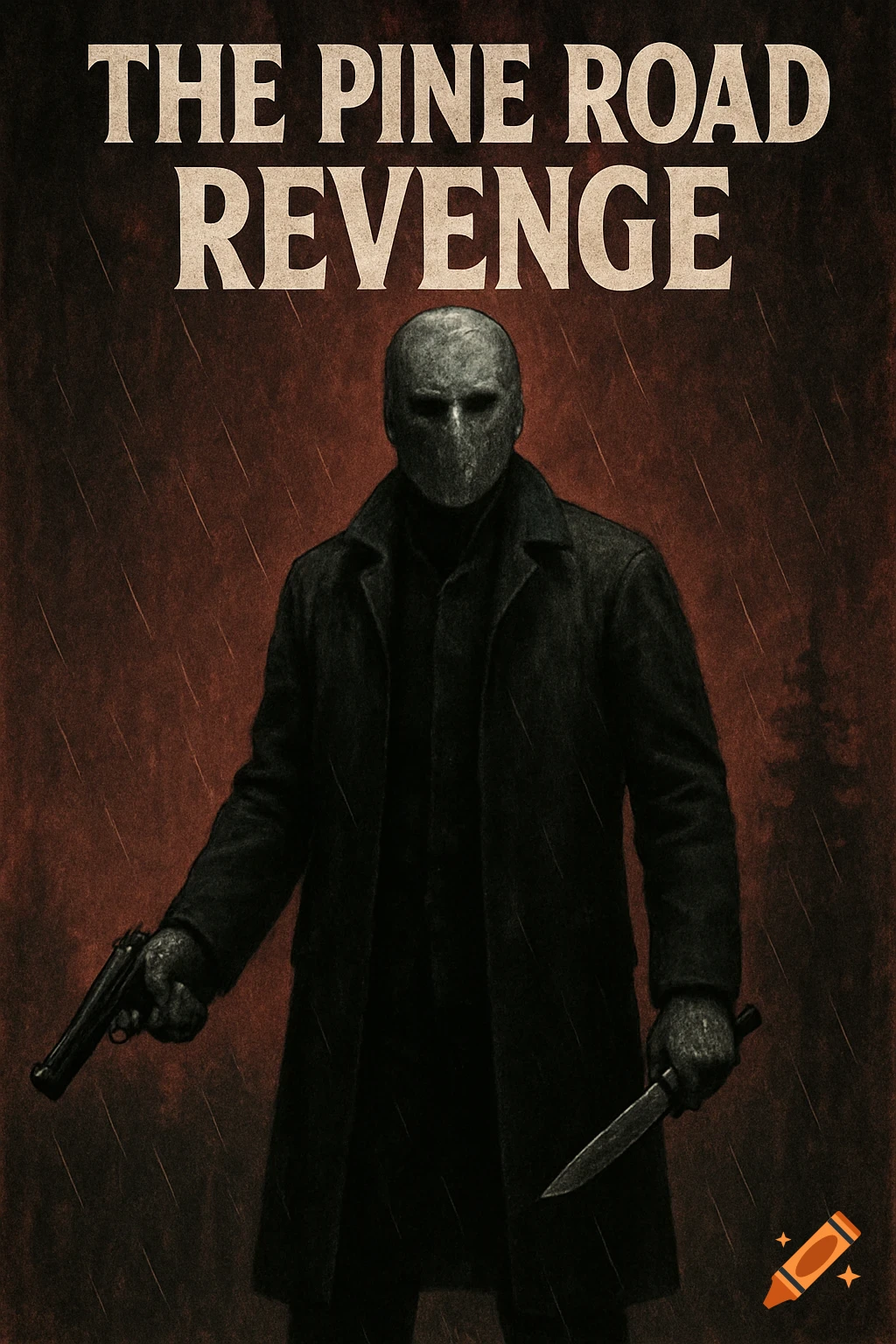 A stylized, dark movie poster titled "THE PINE ROAD REVENGE" features a masked figure in a black coat holding a pistol and a knife.