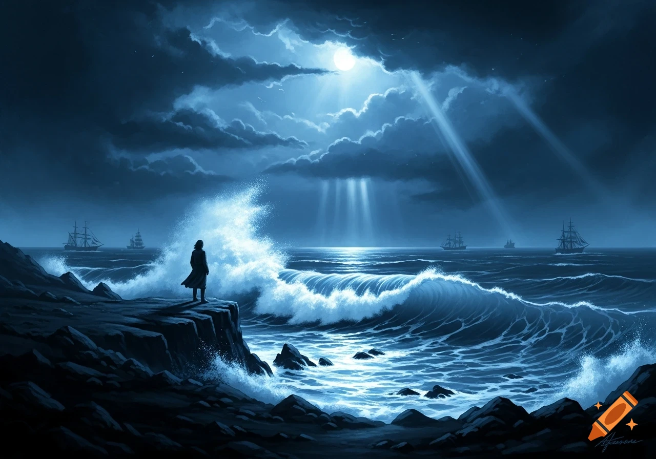 A person in a coat stands on a dark cliff, gazing at a stormy, moonlit sea with crashing waves and distant sailing ships in a dramatic painting.