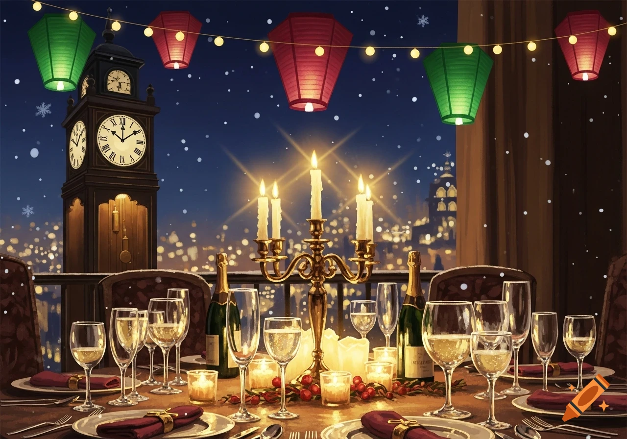 A festive New Year's Eve dinner table set with champagne, candles, and red napkins, overlooking a snowy city skyline with a clock tower under decorative lanterns at night.