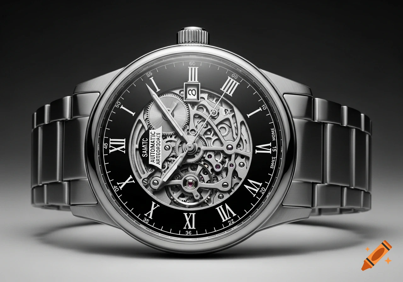 Close-up of a silver automatic watch with a black face, Roman numerals, and an exposed gear mechanism.