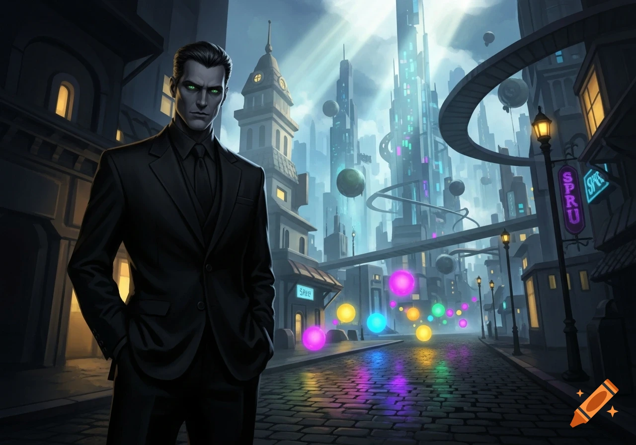 A man with green eyes and dark hair in a black suit stands in a futuristic city with neon lights, glowing spheres, and tall buildings.