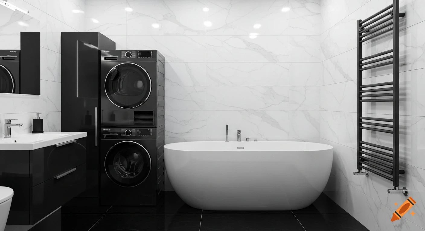 Photorealistic modern bathroom with a white bathtub, black stacked washer and dryer, black vanity, white marble walls, and black towel radiator.