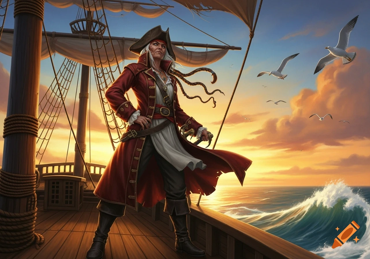 A rugged pirate woman with long braids stands valiantly on a ship deck at sunset, looking out at the ocean.
