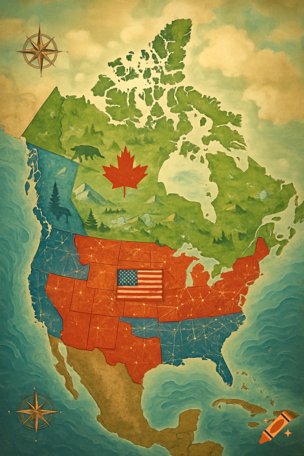 A vintage-style watercolor map of North America, depicting Canada, the USA, and Mexico, with Alberta as a US state and Minnesota as a Canadian province.