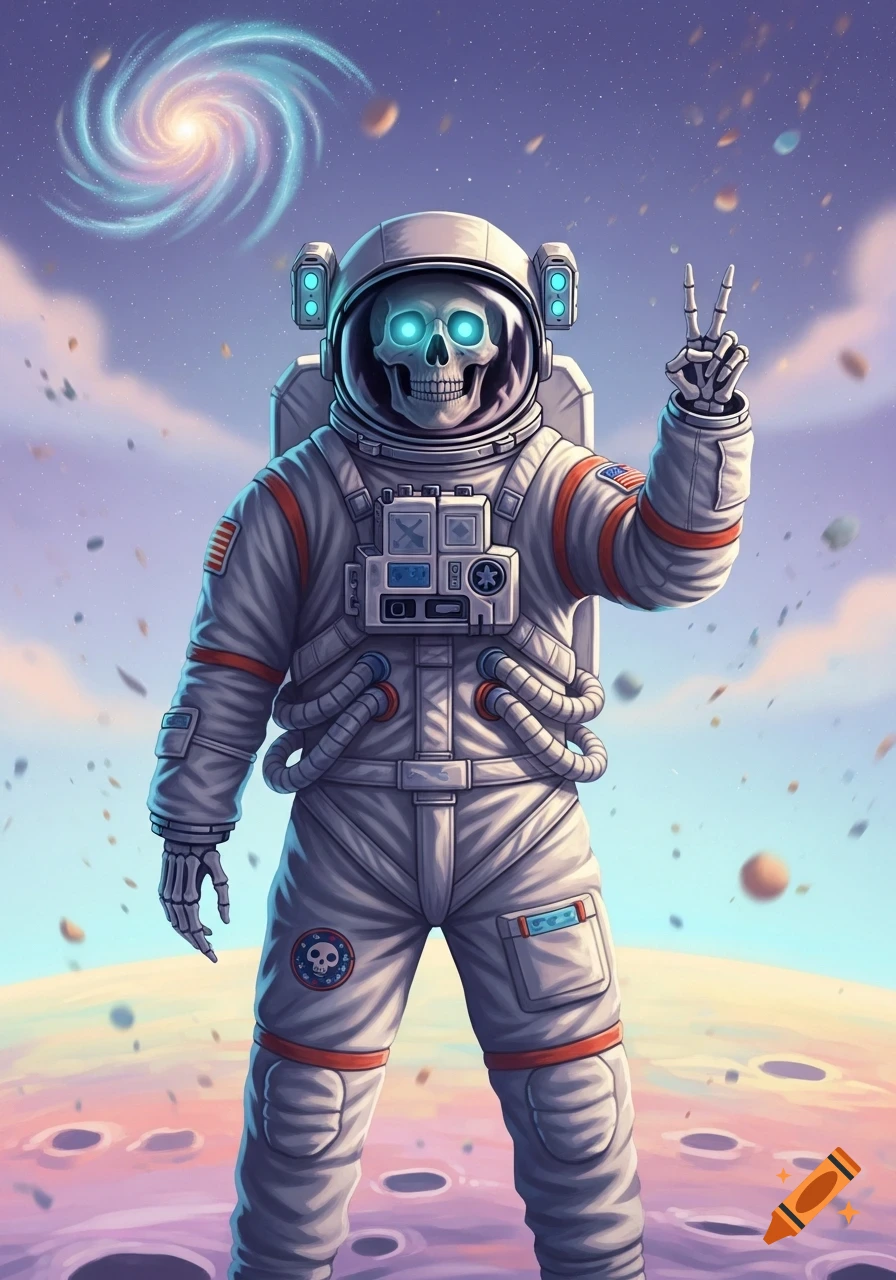 A stylized skeletal astronaut in a white suit gives a peace sign on a pastel planet with a spiral galaxy.