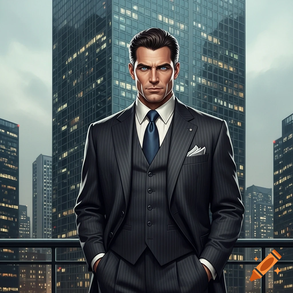 A man with intense blue eyes in a pinstripe three-piece suit stands on a balcony overlooking a city with tall skyscrapers.