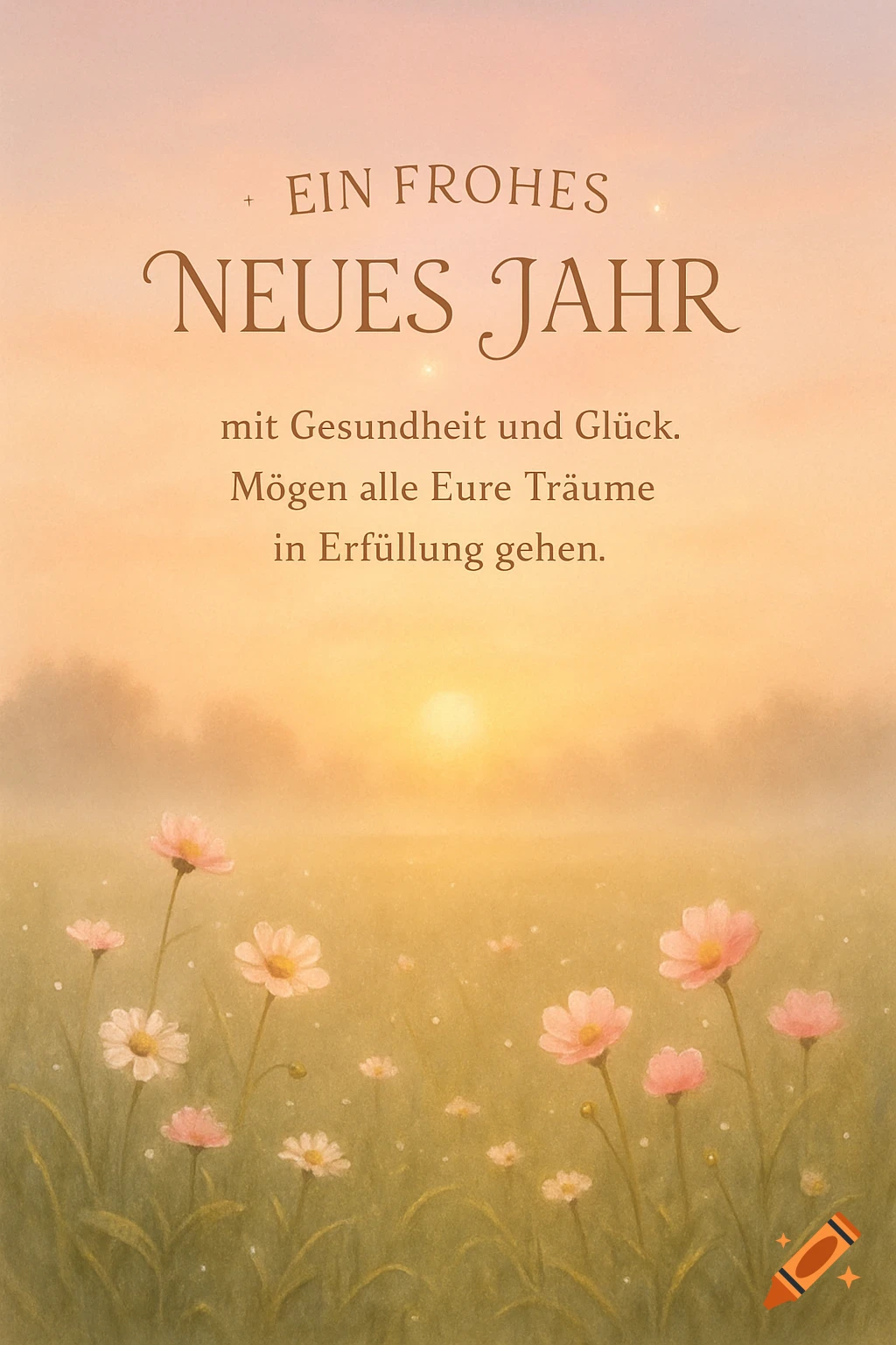 New Year's greeting card with German text, pink and white cosmos flowers in a field at sunrise, soft painted style.