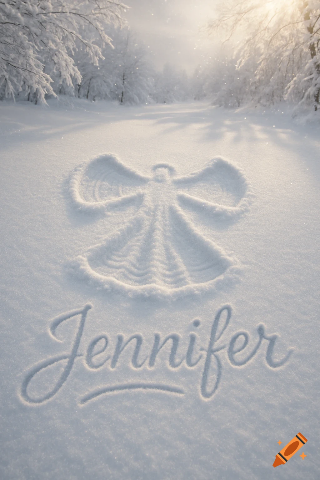 A snow angel and the name Jennifer written in cursive in fresh snow in a sunlit winter forest.
