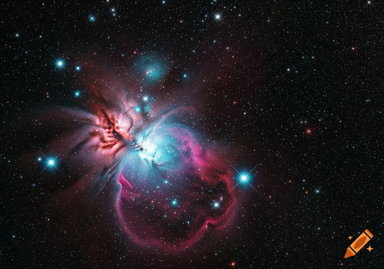 A vibrant cosmic nebula with glowing pink, red, and blue gas and numerous bright stars against a dark background.