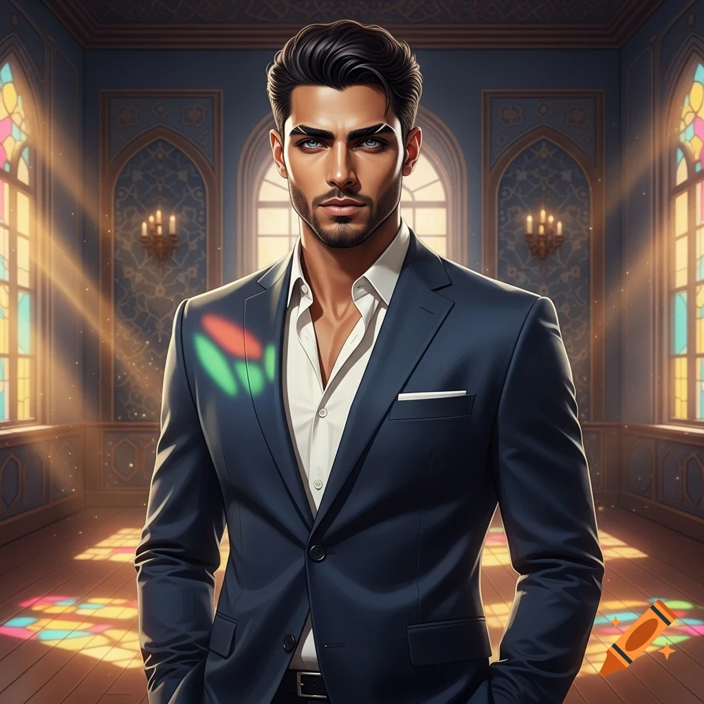 A digitally rendered portrait of a handsome man in a dark blue suit and white shirt, standing in an elegant room with stained glass windows.