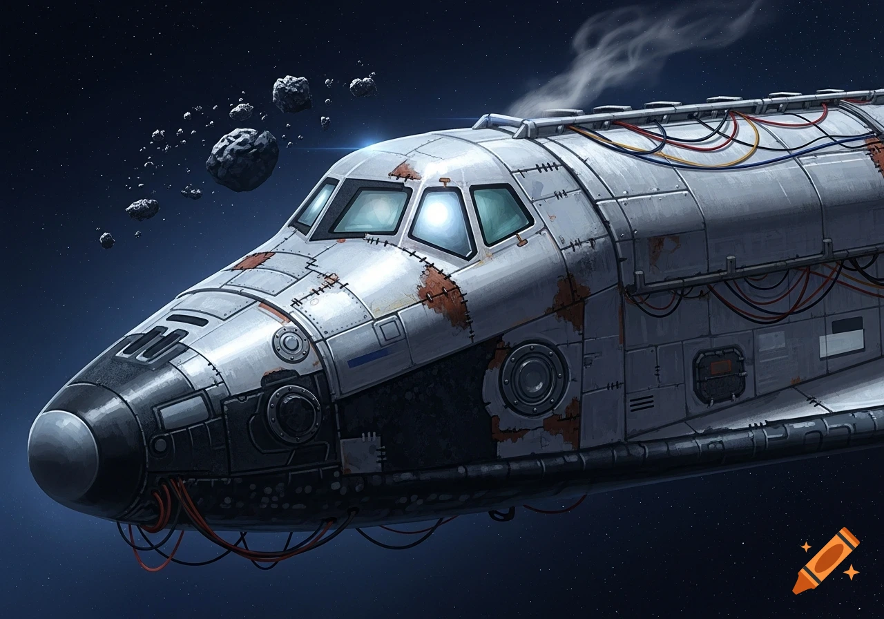 An illustrated junky, rusty spaceship, resembling a modified space shuttle with exposed wires and smoke, flies through asteroid-filled deep space.