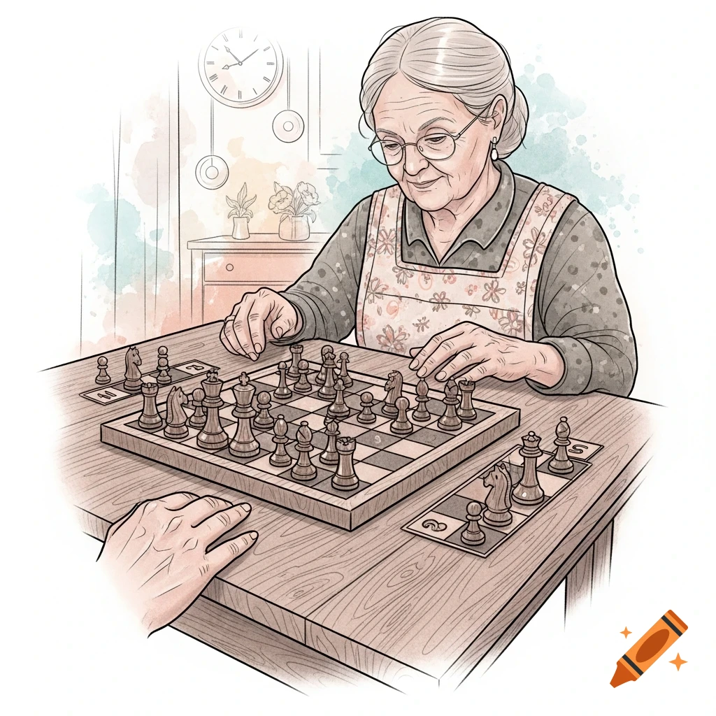 A grandmother with glasses and an apron plays chess against an unseen opponent in a soft watercolor and line art style.