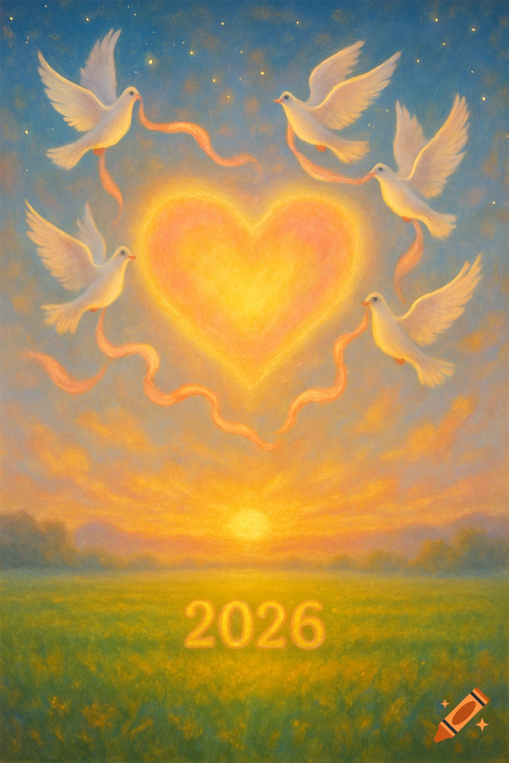 Four white doves with ribbons encircle a glowing heart in a painterly style, above a sunset over a green field with "2026" visible.