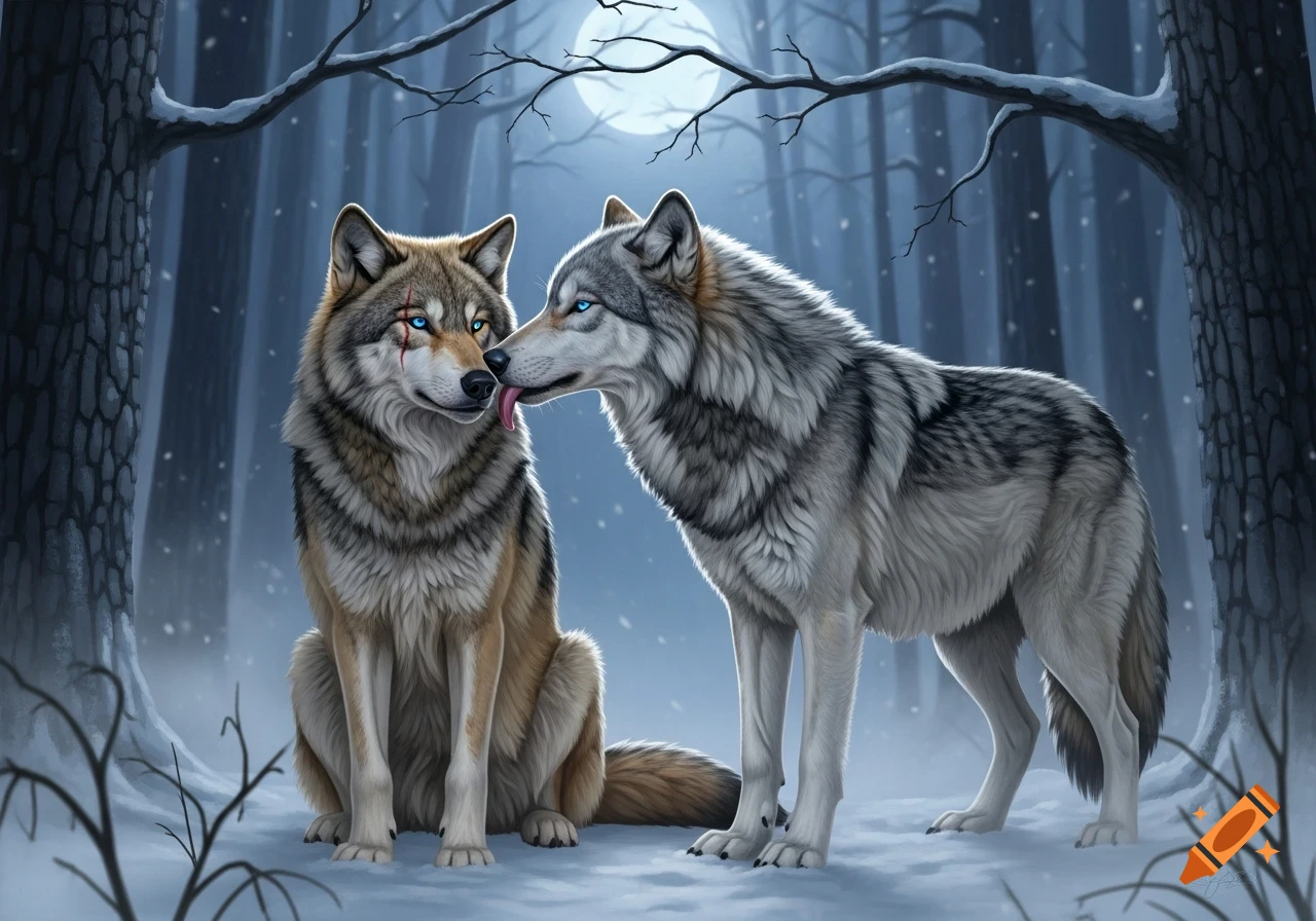 Two wolves in a snowy forest under a full moon. One wolf sits with a scar on its face, while another standing wolf licks its muzzle.
