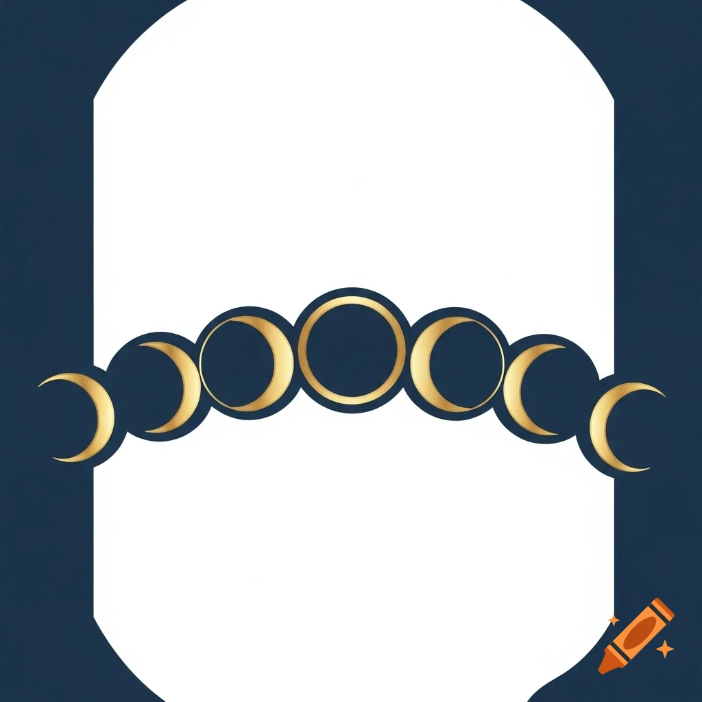 A minimalist design featuring a horizontal row of seven golden moon phases, from crescent to full and back, against a deep blue background framed by a white arch.