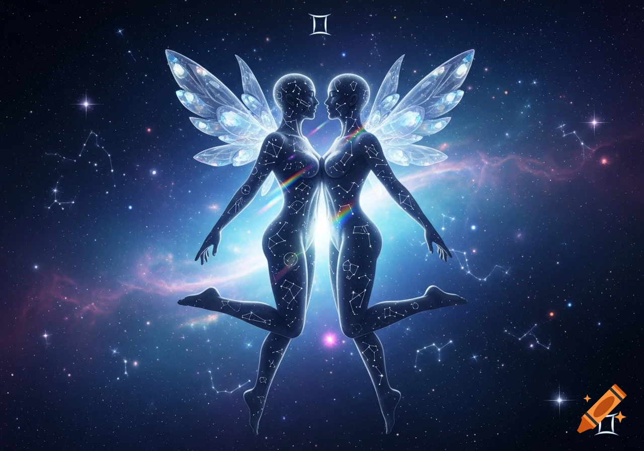 Two glowing, winged Gemini figures made of constellations, facing each other against a vibrant cosmic background with a nebula and stars.