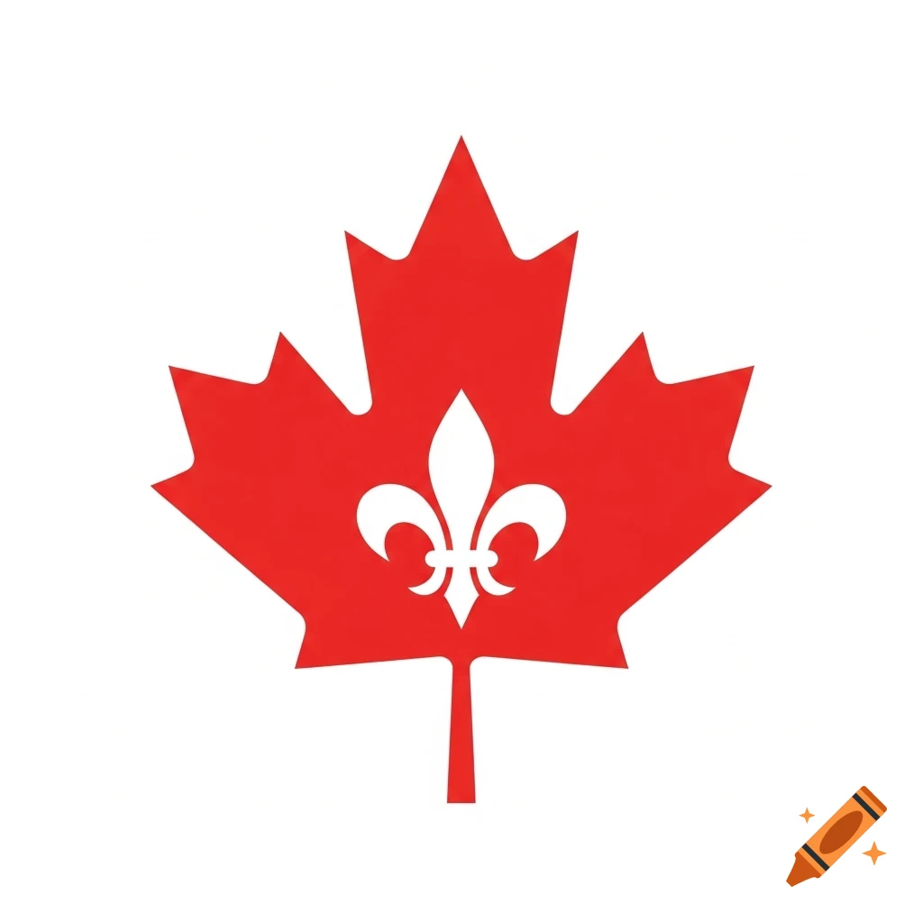 Bold red maple leaf icon with a white fleur-de-lis as negative space in the center.