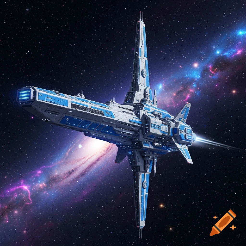 A highly detailed, photorealistic spaceship with blue and white hull, flying through a colorful nebula in deep space.