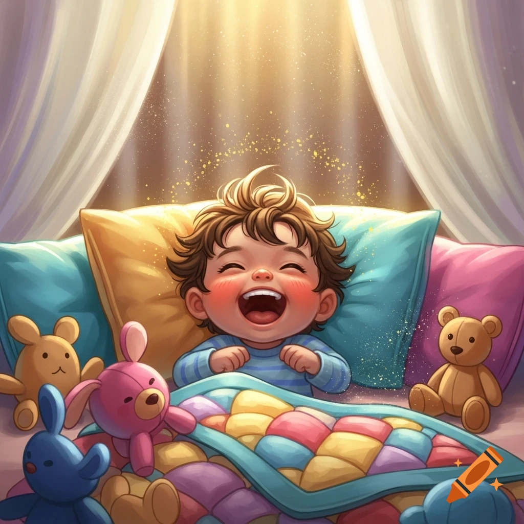 Happy cartoon baby in bed, laughing with closed eyes, surrounded by plush toys under a soft glowing canopy.