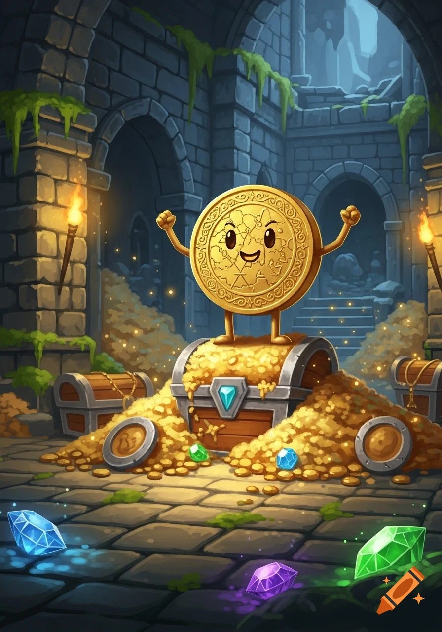 A cute, smiling gold coin with arms and legs stands triumphantly on a pile of treasure chests and gold in a torchlit dungeon, surrounded by gems.