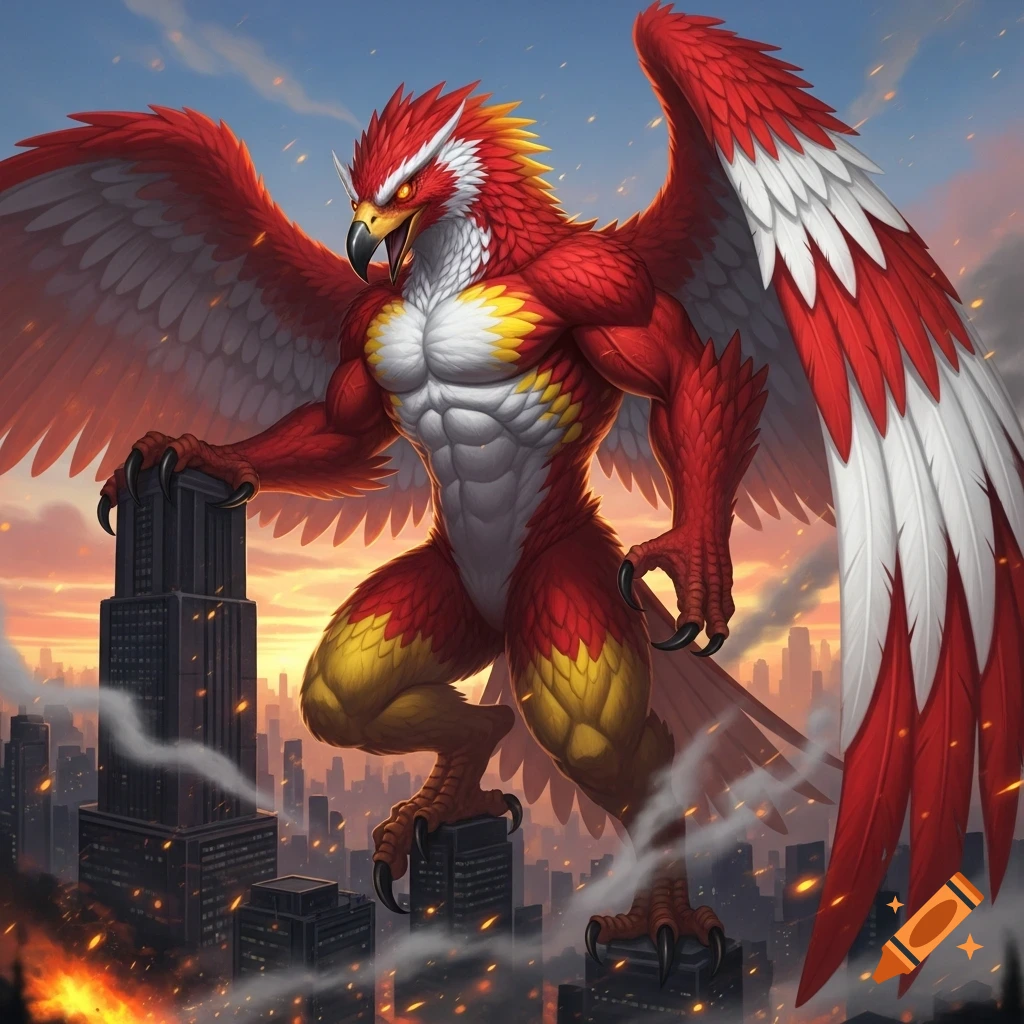 A colossal red, orange, yellow, and white bird kaiju stands over a burning city at sunset, its talons gripping skyscrapers.