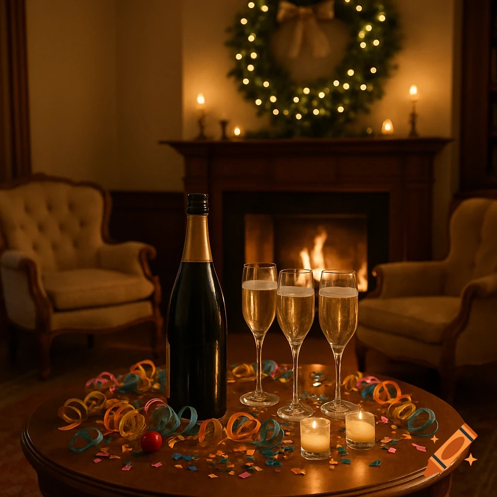 A champagne bottle, three glasses, confetti, and lit candles on a table in front of a cozy fireplace with an illuminated wreath.