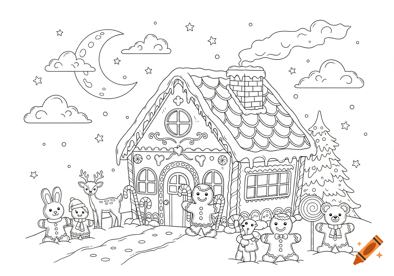 Black-and-white line art of a whimsical gingerbread house with gingerbread characters and animals, moon, and stars for coloring.