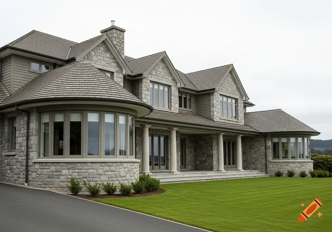 A large, two-story house with stone walls, multiple gables, a rounded section, and a paved driveway leading to a lush green lawn under a bright sky.