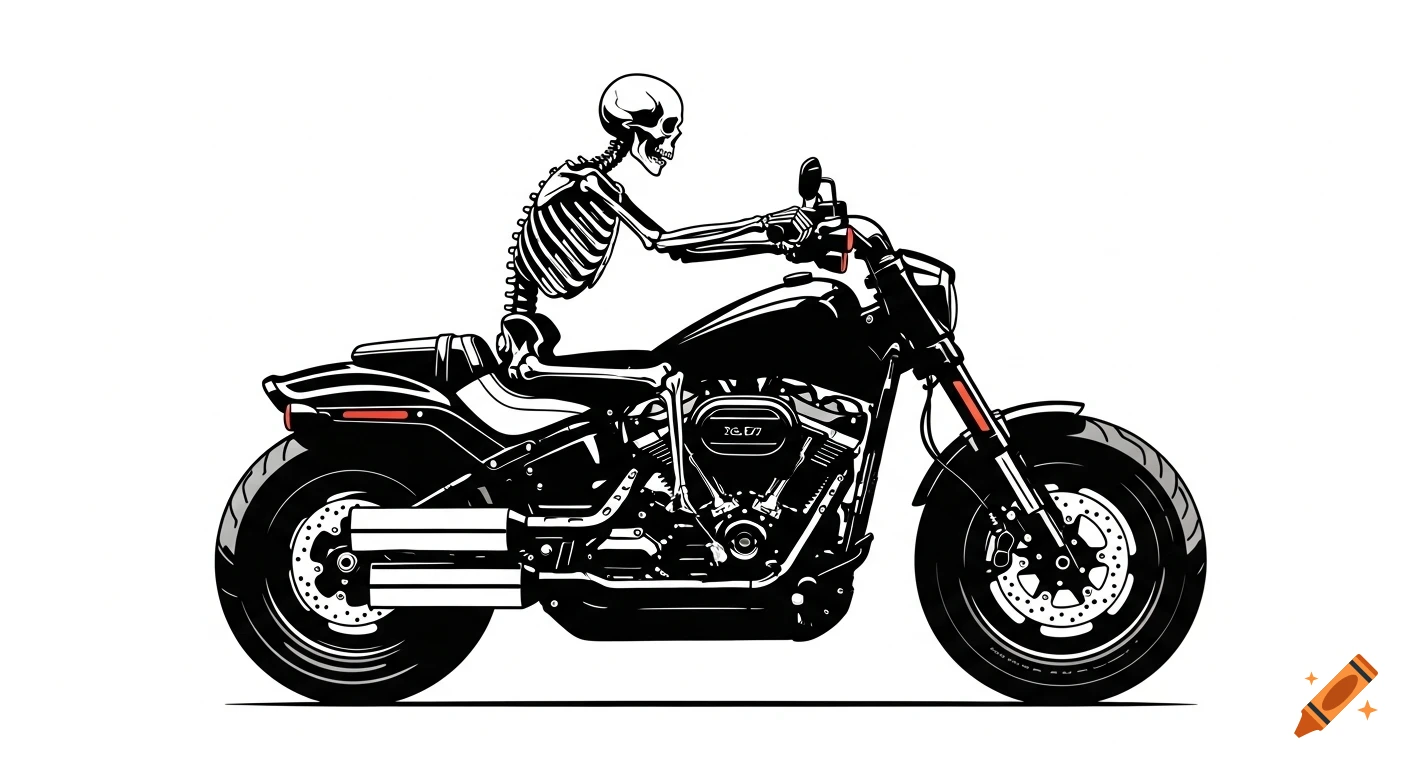 A minimalist vector silhouette of a skeleton riding a black Harley Davidson motorcycle, side view, on a white background.