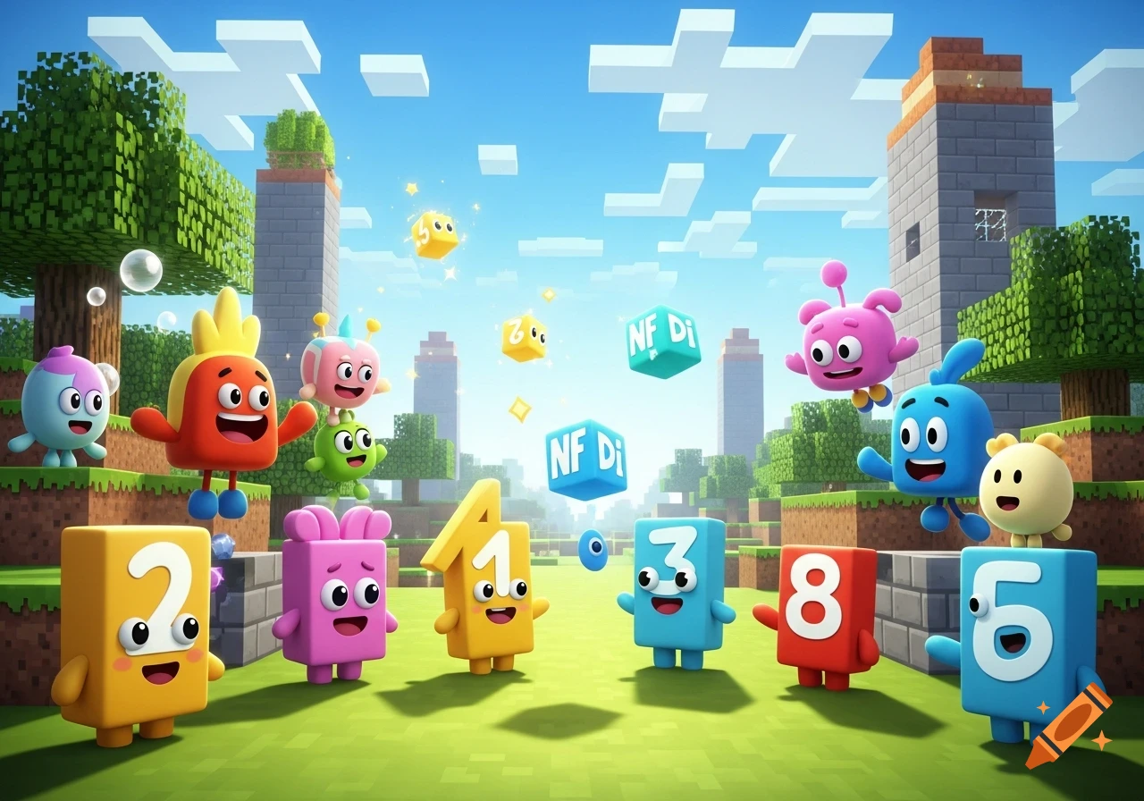 Colorful cartoon characters shaped like numbers and objects interact in a blocky, Minecraft-style landscape under a blue sky.