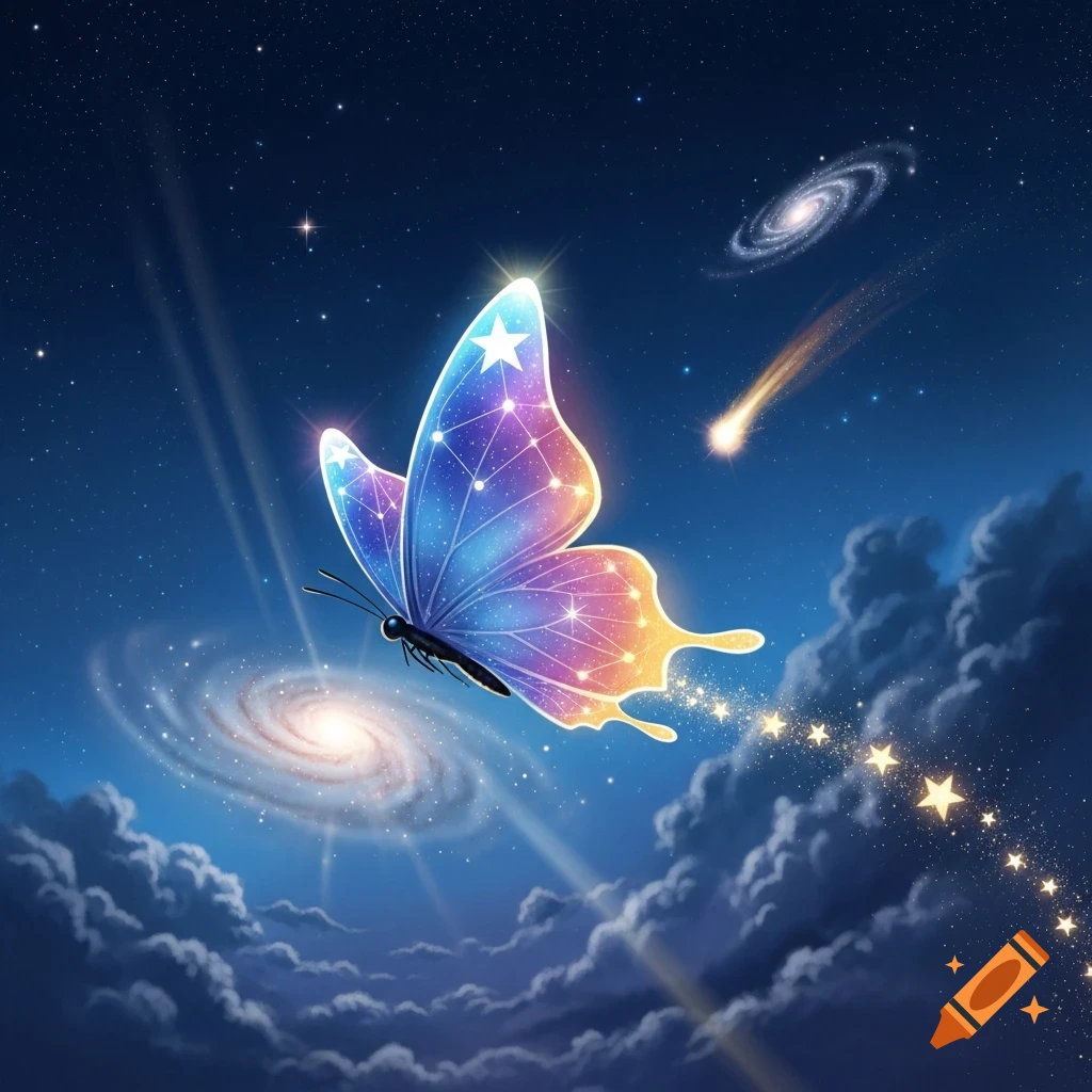 A vibrant, glowing butterfly with star-filled wings flies through a cosmic night sky with galaxies and clouds.