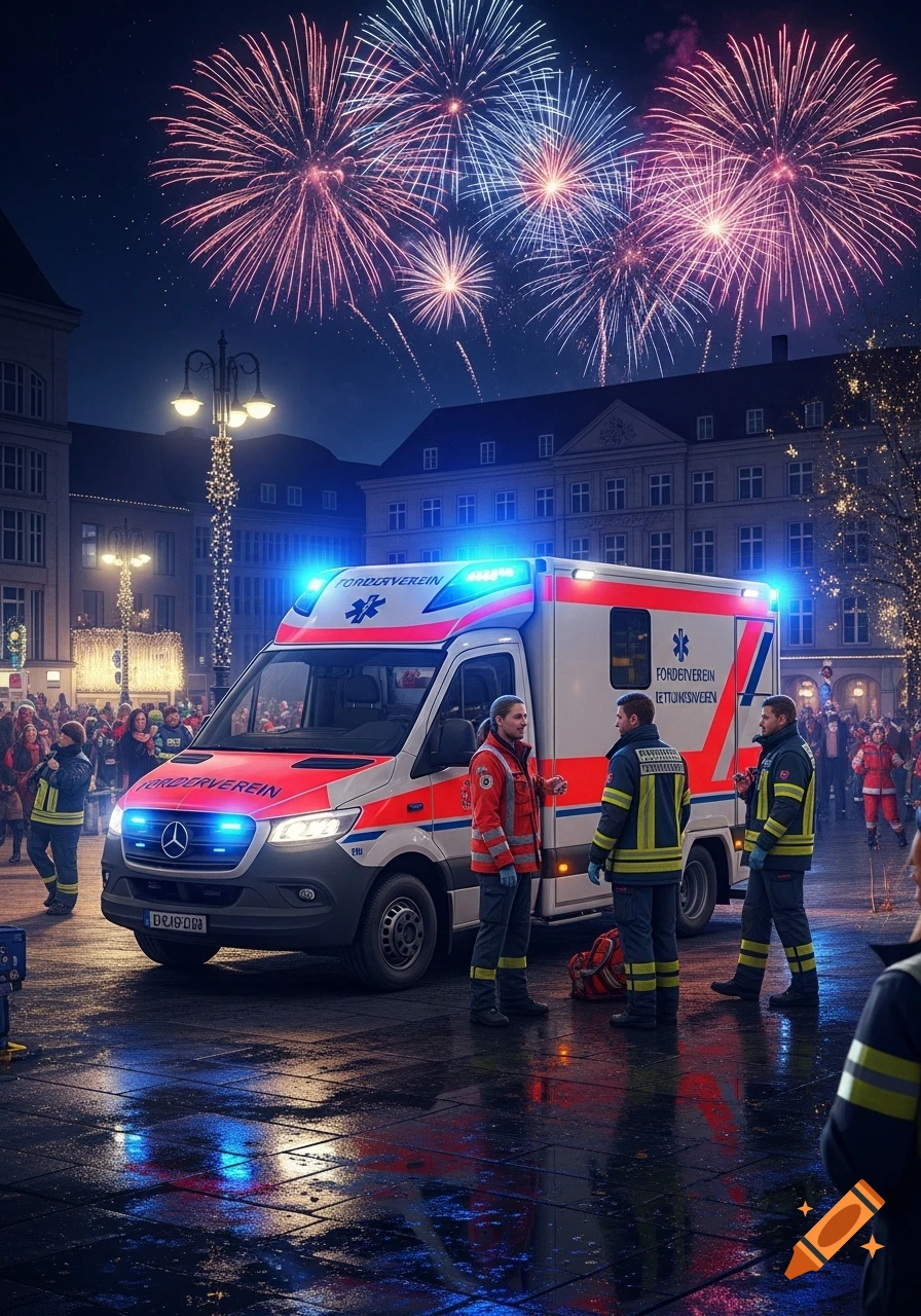 Ambulance with flashing lights and paramedics on a wet city street at night, with colorful fireworks in the sky.