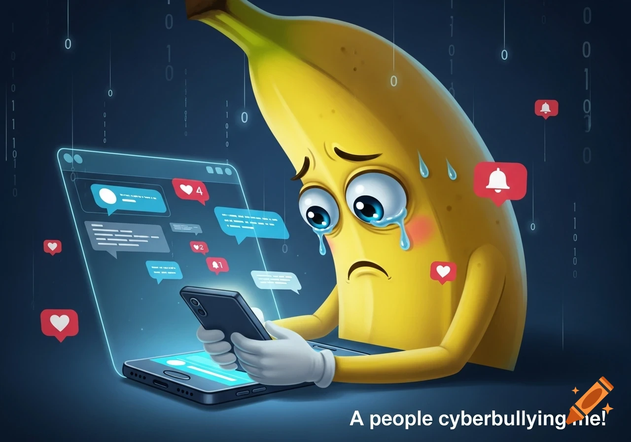 A cartoon banana with tears in its eyes looks at a laptop screen displaying social media messages and holds a phone. Text at the bottom says "A people cyberbullying me!".