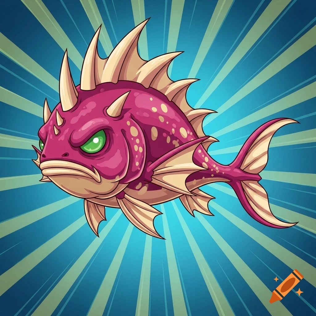 A fierce, spiky magenta cartoon fish with glowing green eyes and cream fins, against a blue and yellow radial burst background.