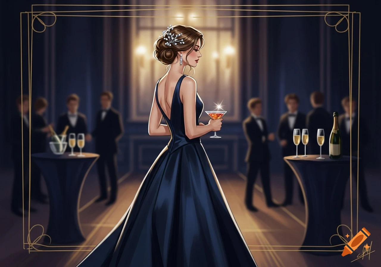 Illustrated woman in an elegant black gown holding a martini at a formal event with blurred figures in the background.