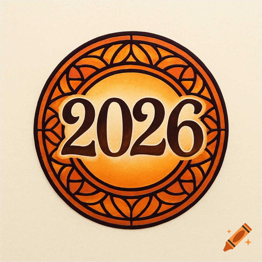 Warm-colored circular logo with a geometric pattern, featuring the number 2026 in the center on a cream background.